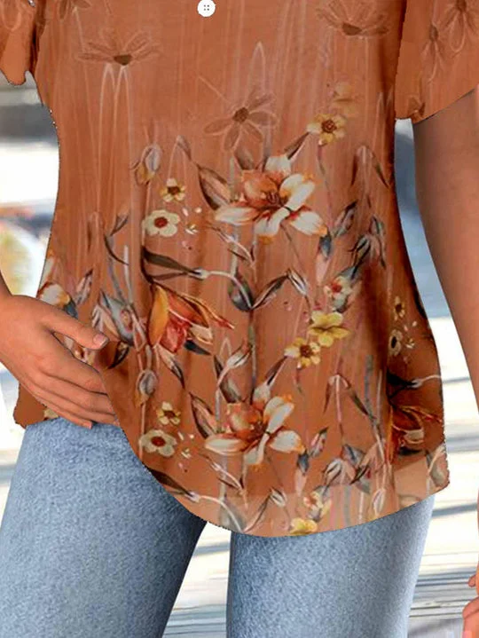Women Short Sleeve V-neck Floral Printed Printed Graphic Button Tops