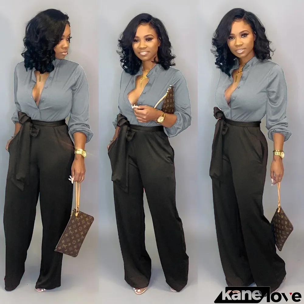 Autumn Elegant Plain Blouse and Contrast Trouser Set