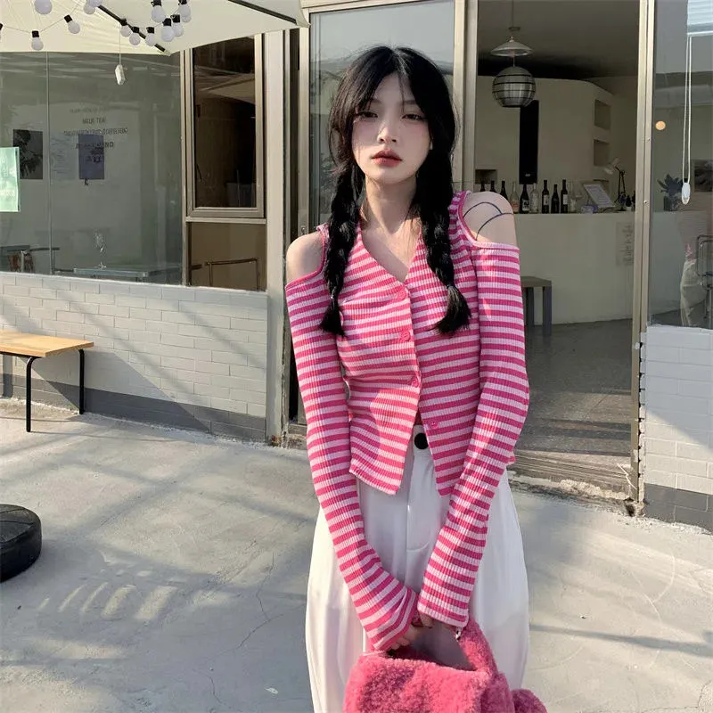 Uveng Uveng New Striped V-Necked Long-Sleeved Knitted Cardigan Female Red Ins Wind Short Dress