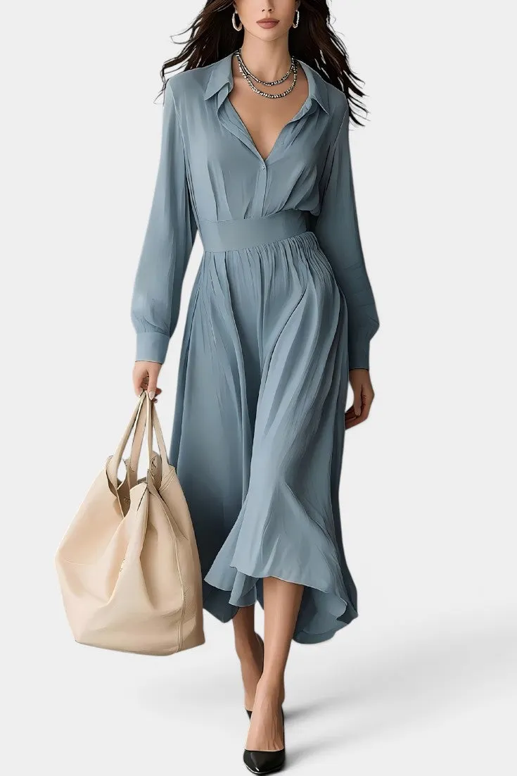 Structured Shirt-Collar Midi Dress with Ruched Waist & Ruffled Hem