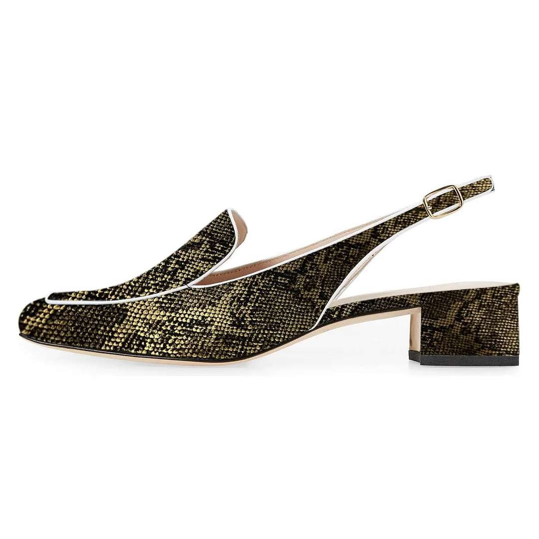 Python Print Square Toe Chunky Heel Slingback Loafer Shoes Women