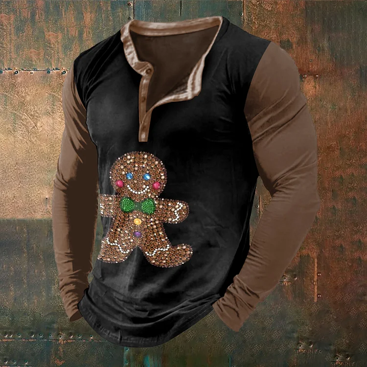 Comstylish Men's Christmas Jewelry Gingerbread Print Contrast Color Long Sleeve T-Shirt