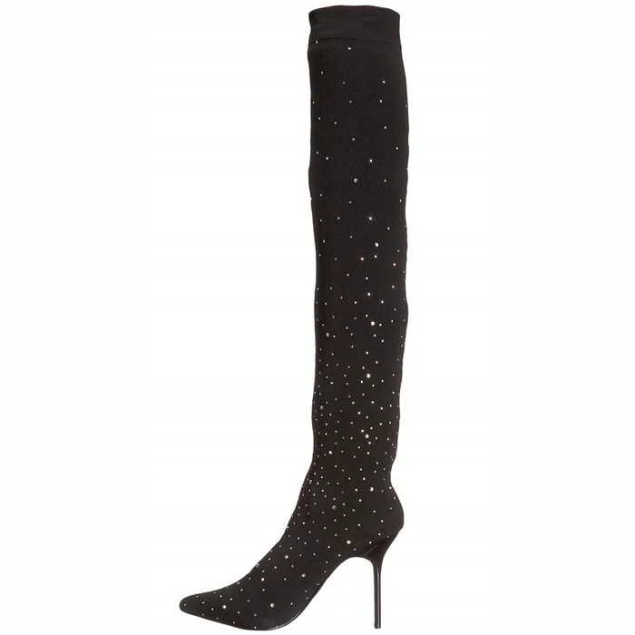 Black Over-the-knee Suede Rhinestone Stiletto Heel Boots Vdcoo