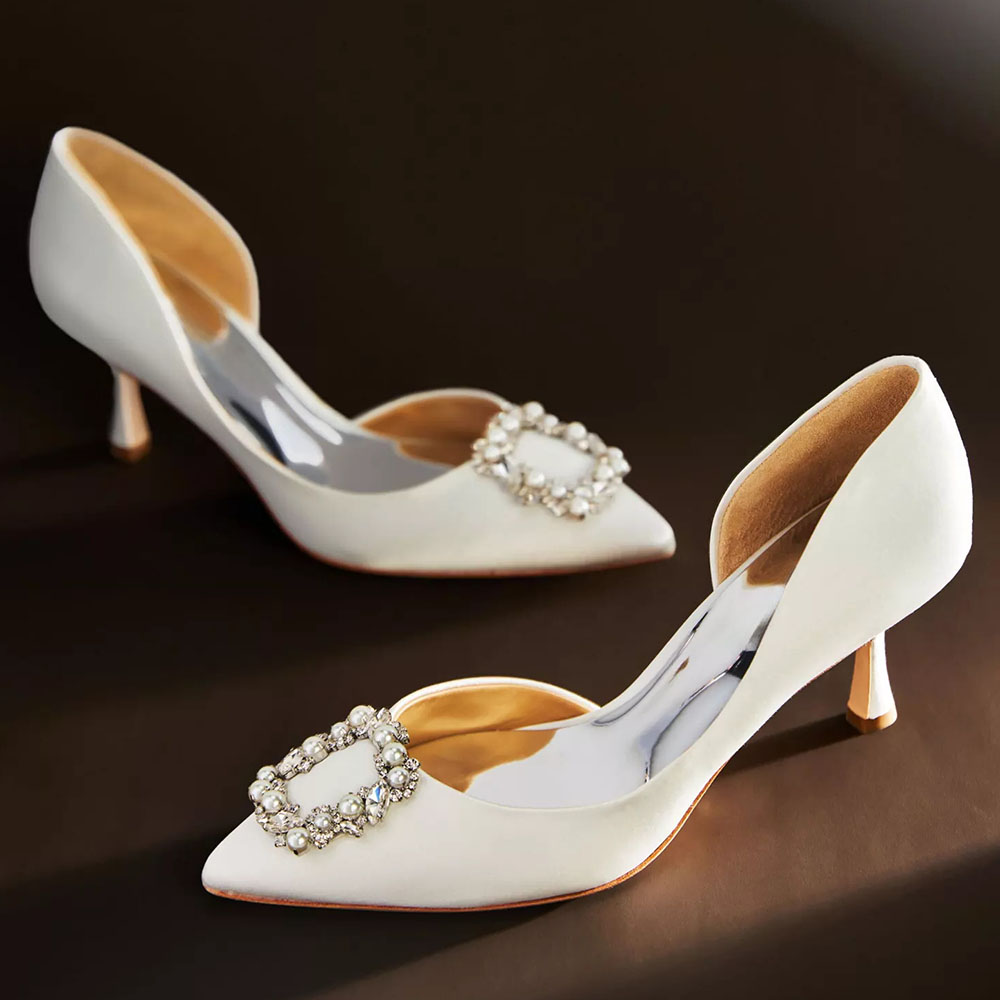 White Satin Pointed Toe Kitten Heel Rhinestone Bridal Pumps Nicepairs