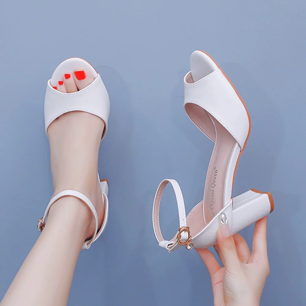 Breakj Breakj Cm Fish Mouth Coarse Sandals Shallow Buckle With Large-Size Dew Dunk Sandals Bride White Thick-Heeled Sandals Woman