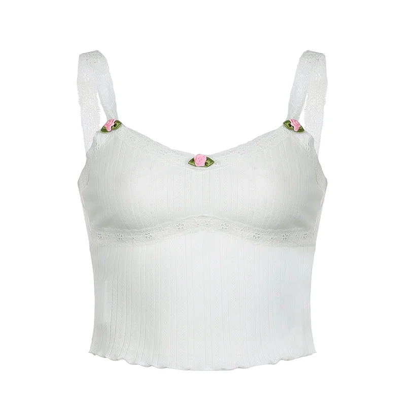 Ueong Girls Feel Special Texture Floral Vest 2024 Spring And Summer New Small Sexy V-Collar Slim Solid Color Halter Top
