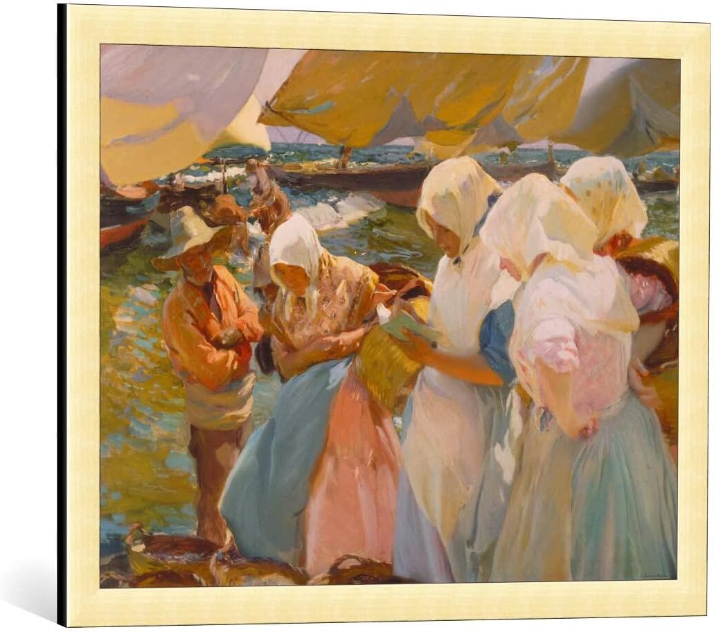 kunst fr alle Framed Art Print: Joaquin Sorolla y Bastida Fishermen Women on The Beach - Decorative Fine Art Poster, Picture Frame, 27.6x21.7 inch / 70x55 cm, Gold Brushed 27.6x21.7