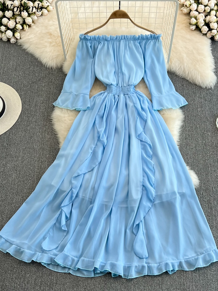 Woherb Summer Off Shoulder Chiffon Dress Women Sexy Slash Neck Ruffle A ...