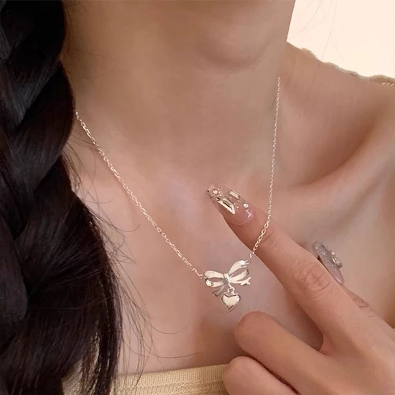 925 Sterling Silver Plating Bow Knot Pendant Necklace