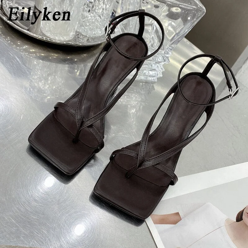 EilyKen Gladiator Sandals High Heels Sandal Shoes Fashion Brand Strap Flip Flops Sexy Thin High Heel Pumps Square Toe Shoes