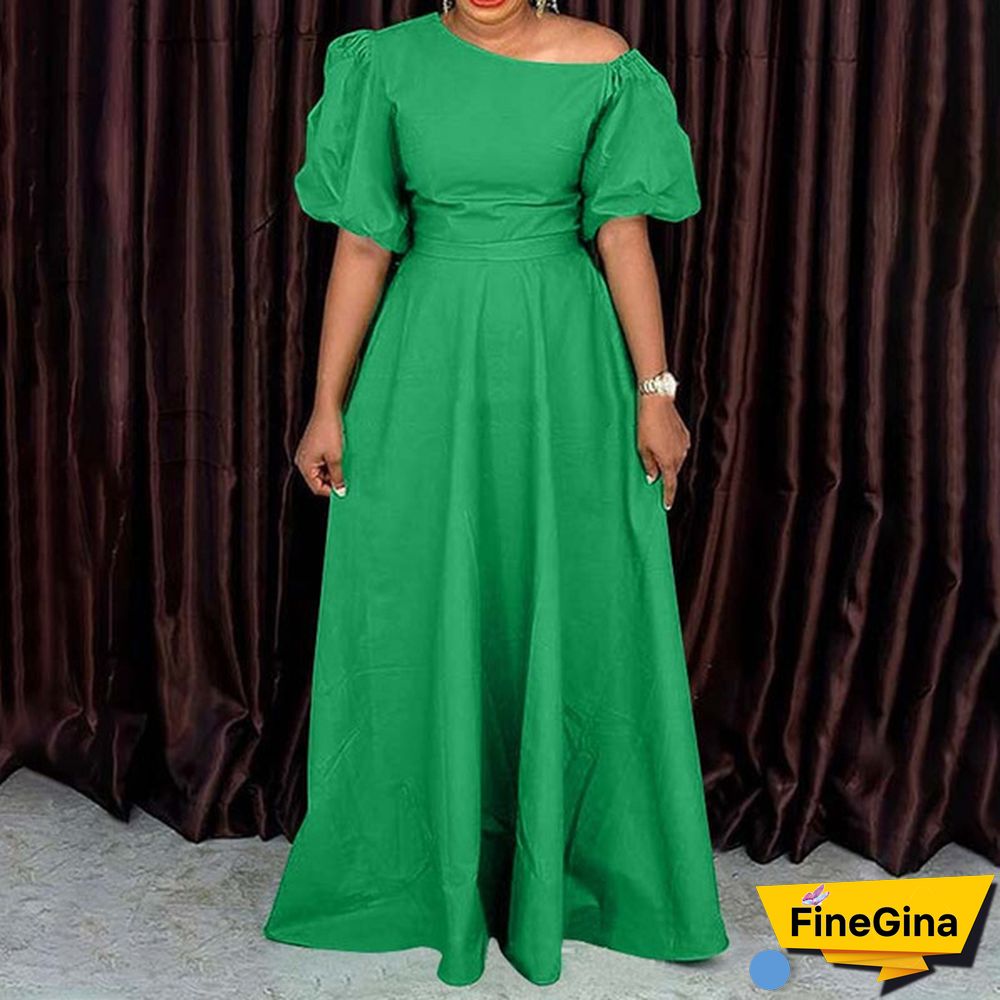 Women Puff Sleeve High Waist Diagonal Shoulder Dress Solid Baggy Swing Dress Maxi Prom Dress