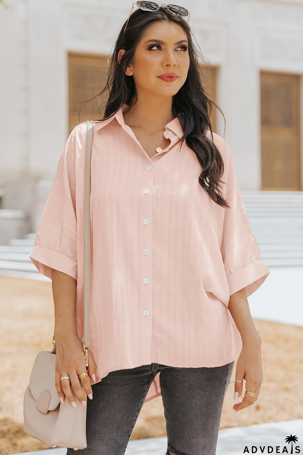 Pink Button Front Dolman Sleeves Shirt