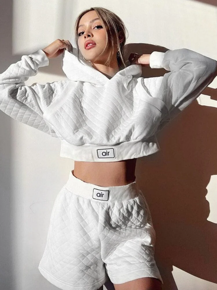 Cyber Monday Big Sales Fashion Long Sleeve Black Cropped Hoodies + Shorts 2 Piece Sets Women 2023 Autumn Casual High Street White Tracksuit Outifits