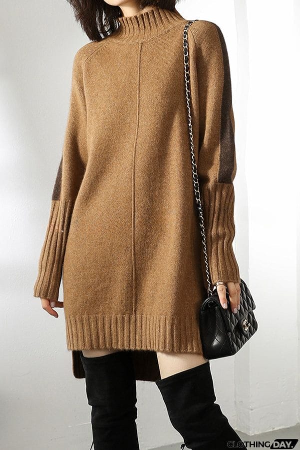 Dbfbdtu Knitted Turtleneck Slit Long Sleeved Mini Dress