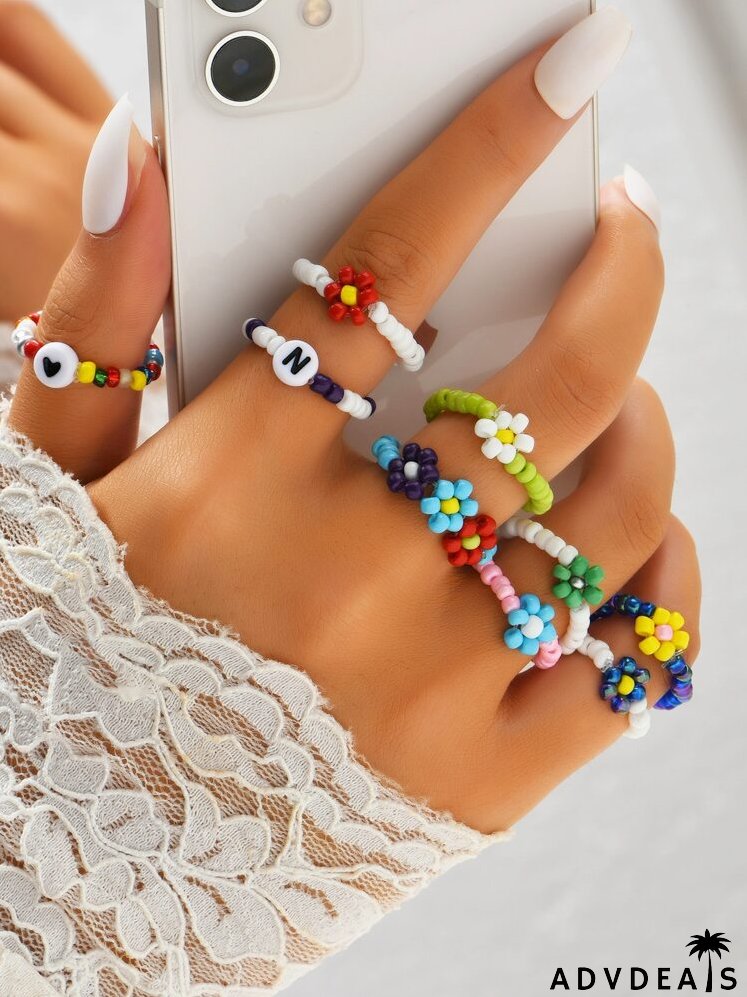 9pcs Letter Bead Decor Ring