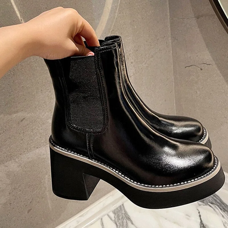 Fashion Platform Chelsea Boots For Women Chunky Heels Ladies Leather Shoes Autumn Winter Slip On Square Toe Female Ankle Boots