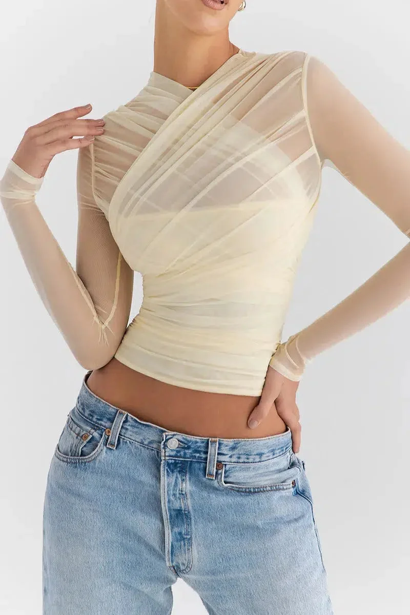 Brownm Sheer Zip-Up Mesh Top