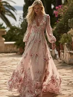 Vintage Boho Pink Floral Art V Neck Flowy Maxi Dress
