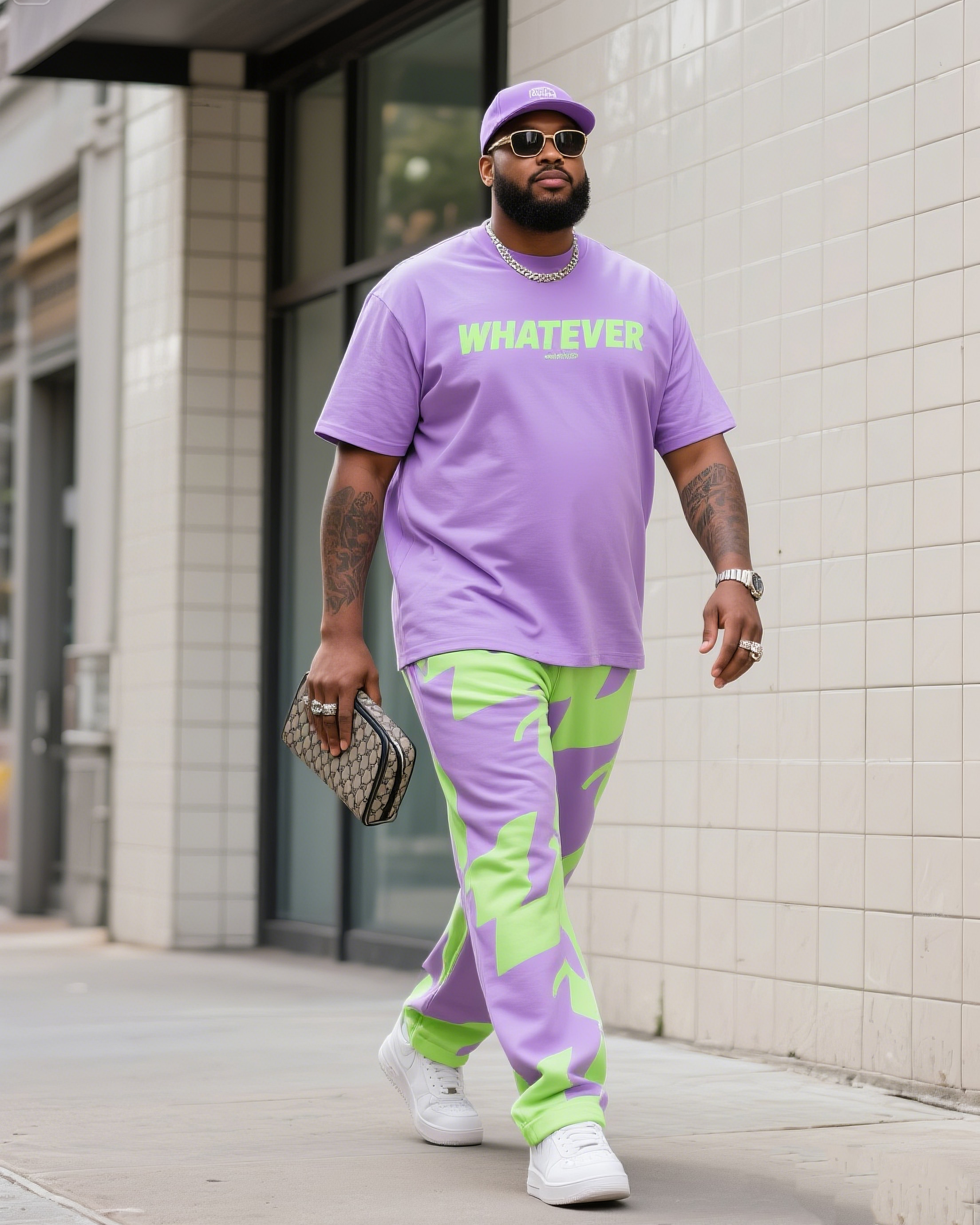 Big Boy Street Fashion Purple Spelling Fluorescent Green Printed Short Sleeve Trousers Suit