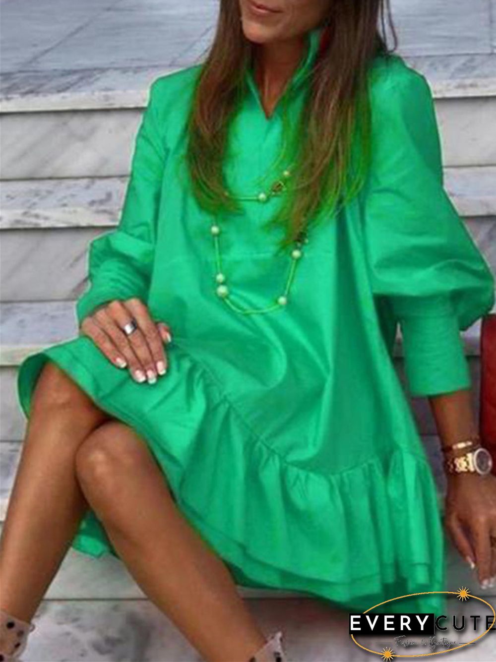 Solid Long Sleeve Mini Back Ruffle Dress Women