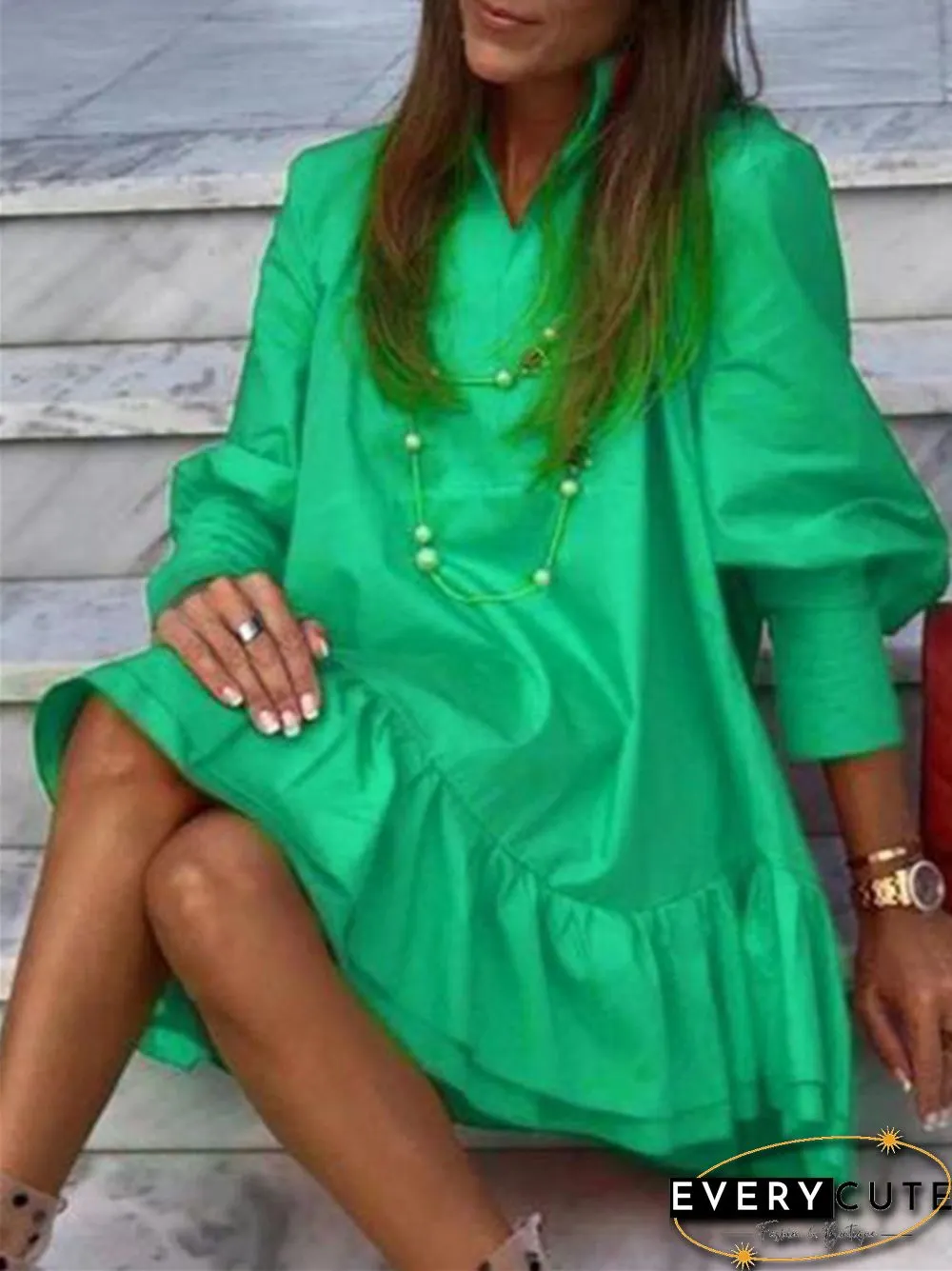 Solid Long Sleeve Mini Back Ruffle Dress Women