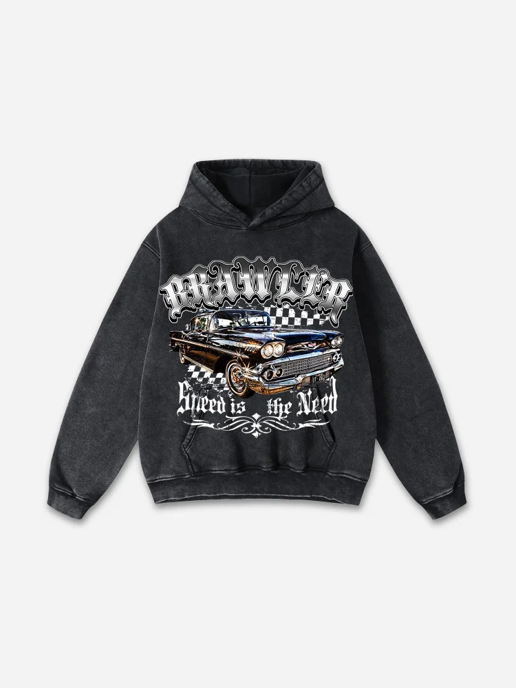 Racing Brawler Print Washed Hoodie