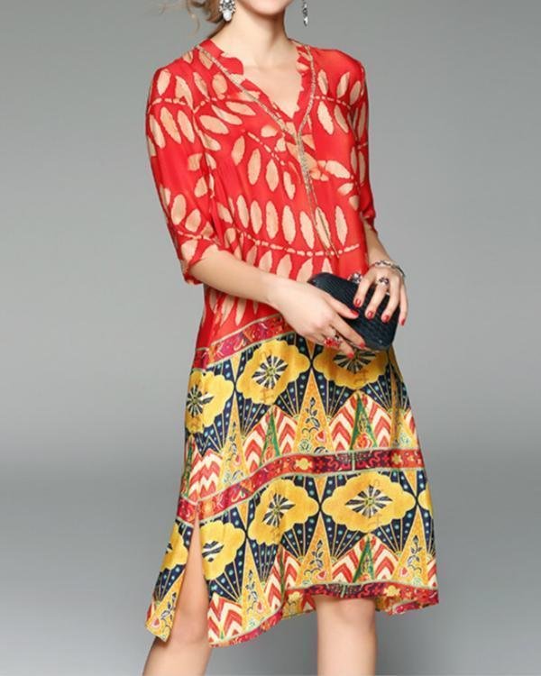 V neck Red Shift Women Daytime Casual Half Sleeve Slit Leaf Elegant Dress