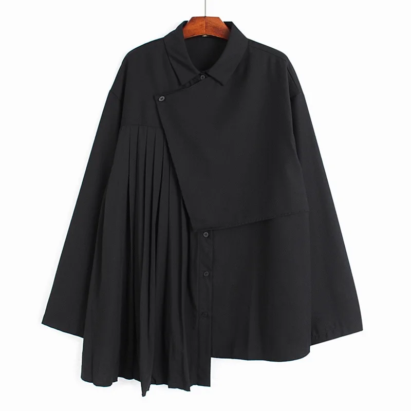 Toloer Toloer Women Black Irregular Pleated Big Size Blouse New Lapel Long Sleeve Loose Fit Shirt Fashion Spring Autumn 2023 1DE7242 1127-1-Outfit Ideas