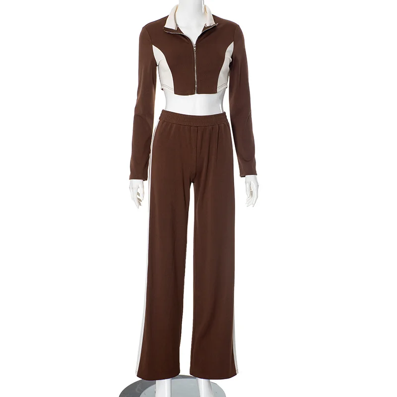 Brownm Brownm Women's Autumn And Winter Bumpy Short-D Waist Clip Zipper Tight Waist Straight Trousers Set