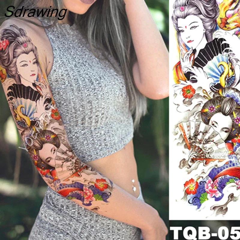 Sdrawing Arm Sleeve Tattoo Japanese Wave Waterproof Temporary Tattoo Sticker Lily Peacock Men Full Tiger Fox Tatoo Body Art Women