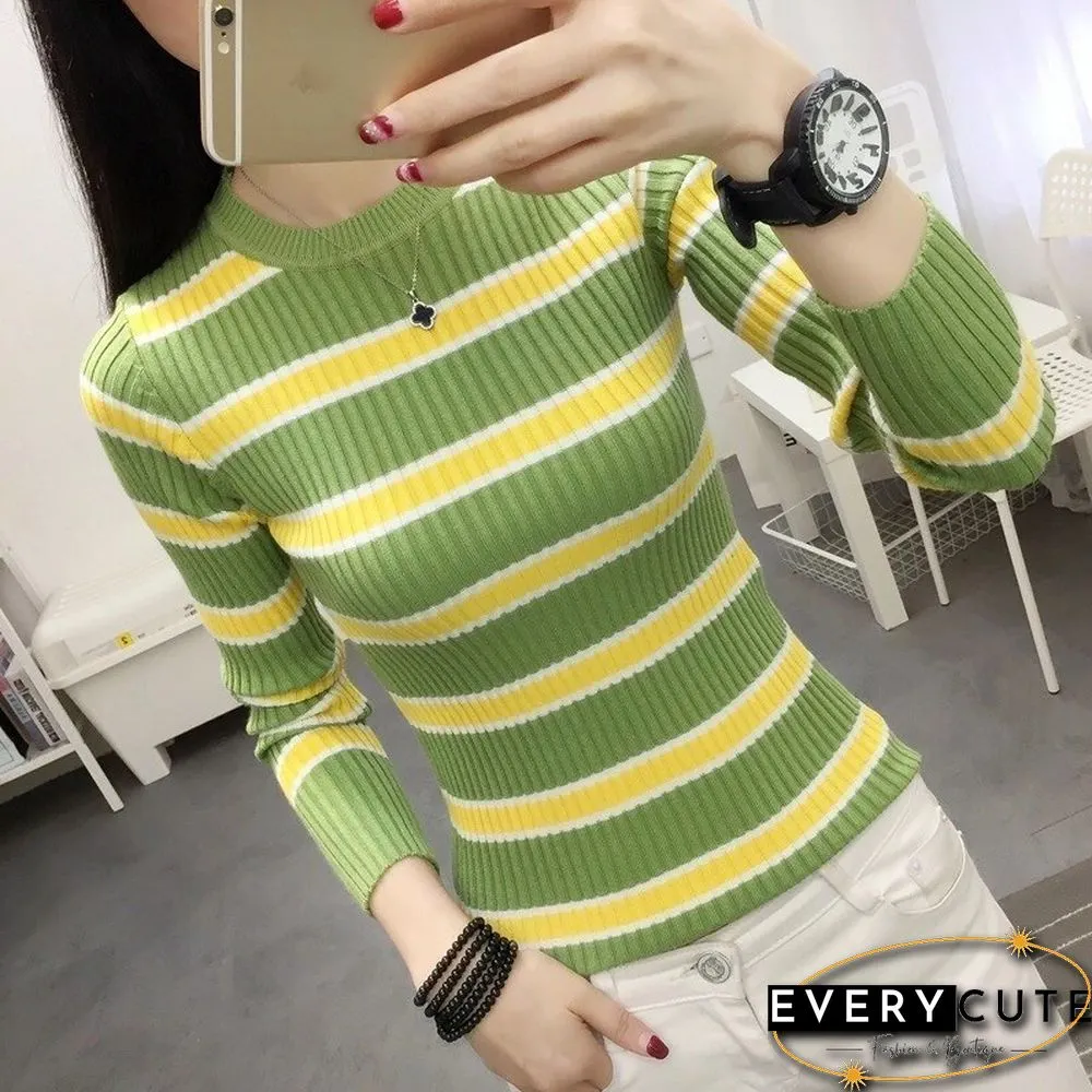 Fall New Neck Striped Sweater Women Korean Fashion Long Sleeve Pullovers Female Slim Fit