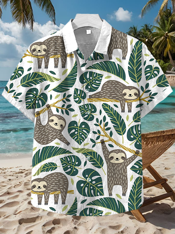 Men's Sloths And Tropical Plants Print Short Sleeve Shirt
