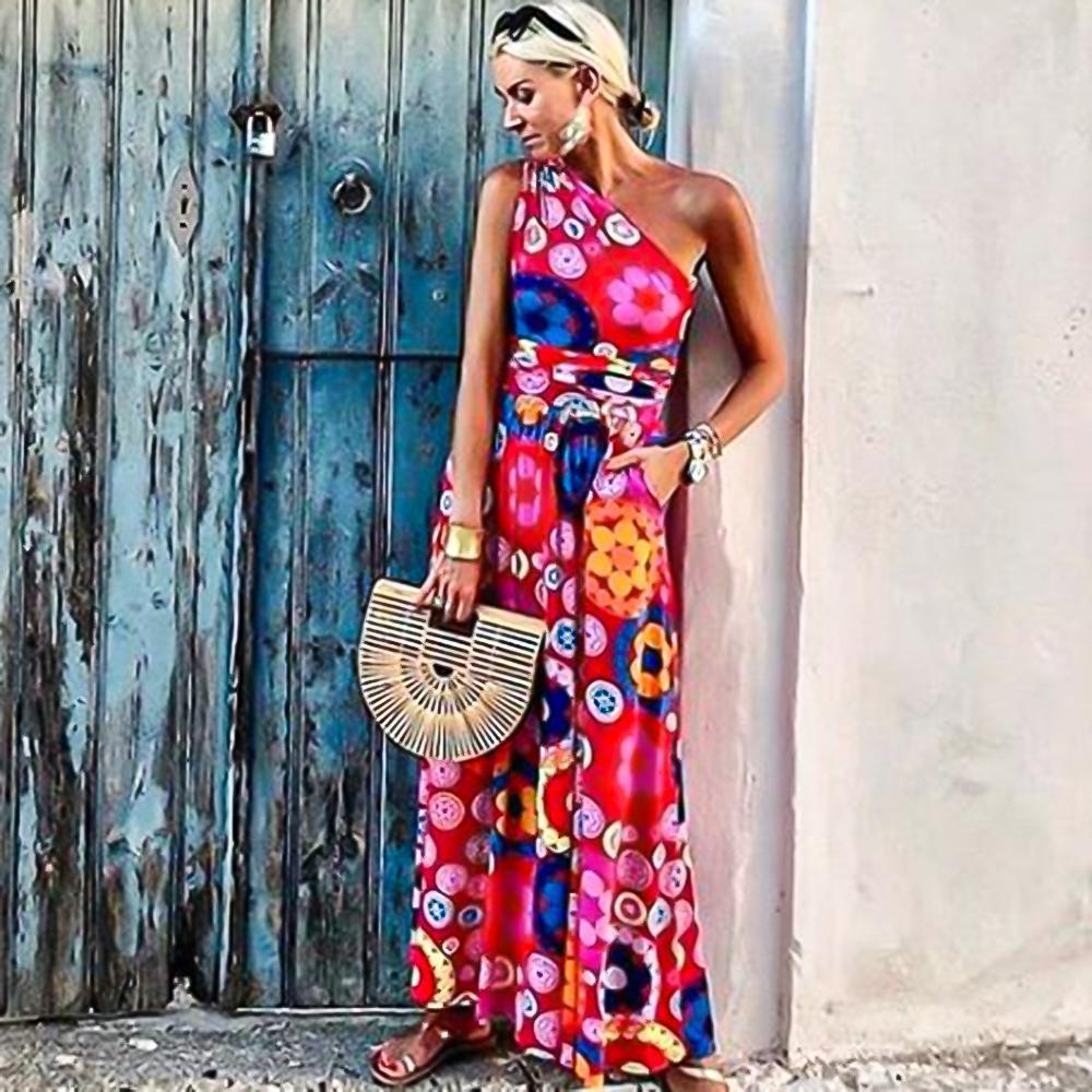 Fashion Floral Printed One Shoulder Maxi Dress-vocosishoes