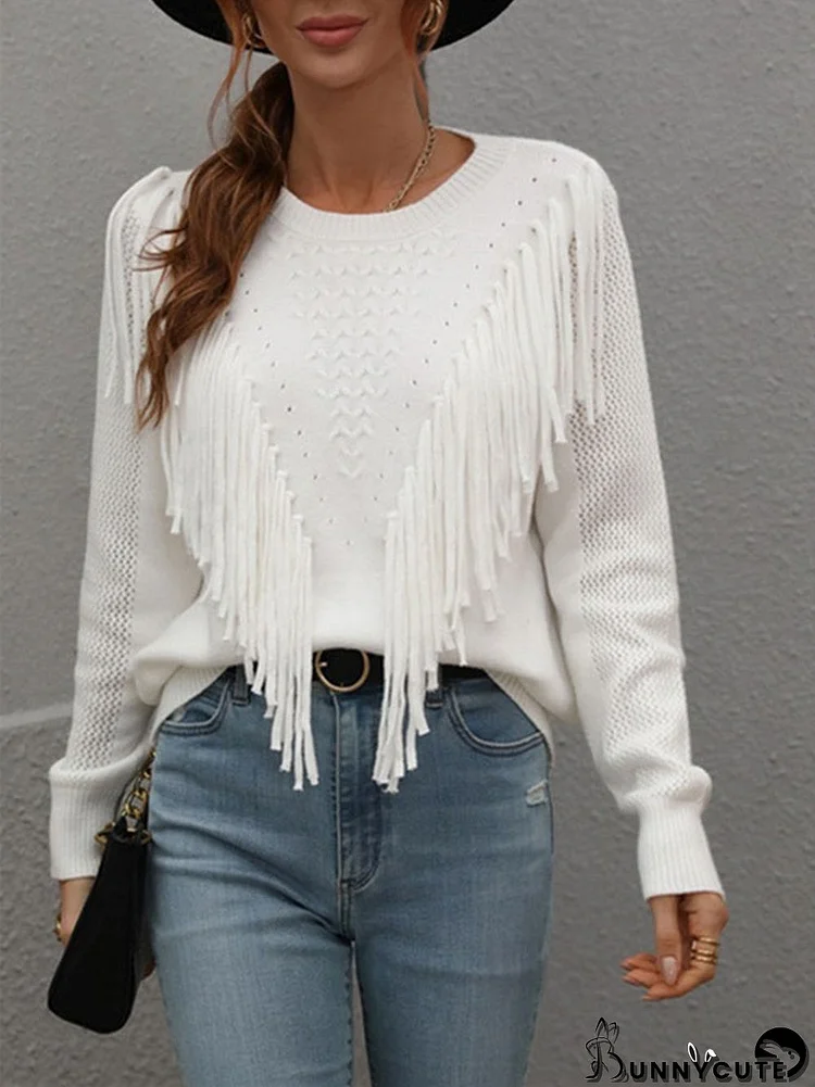 Women's Long Sleeve Scoop Neck Tassels Knit Sweaters