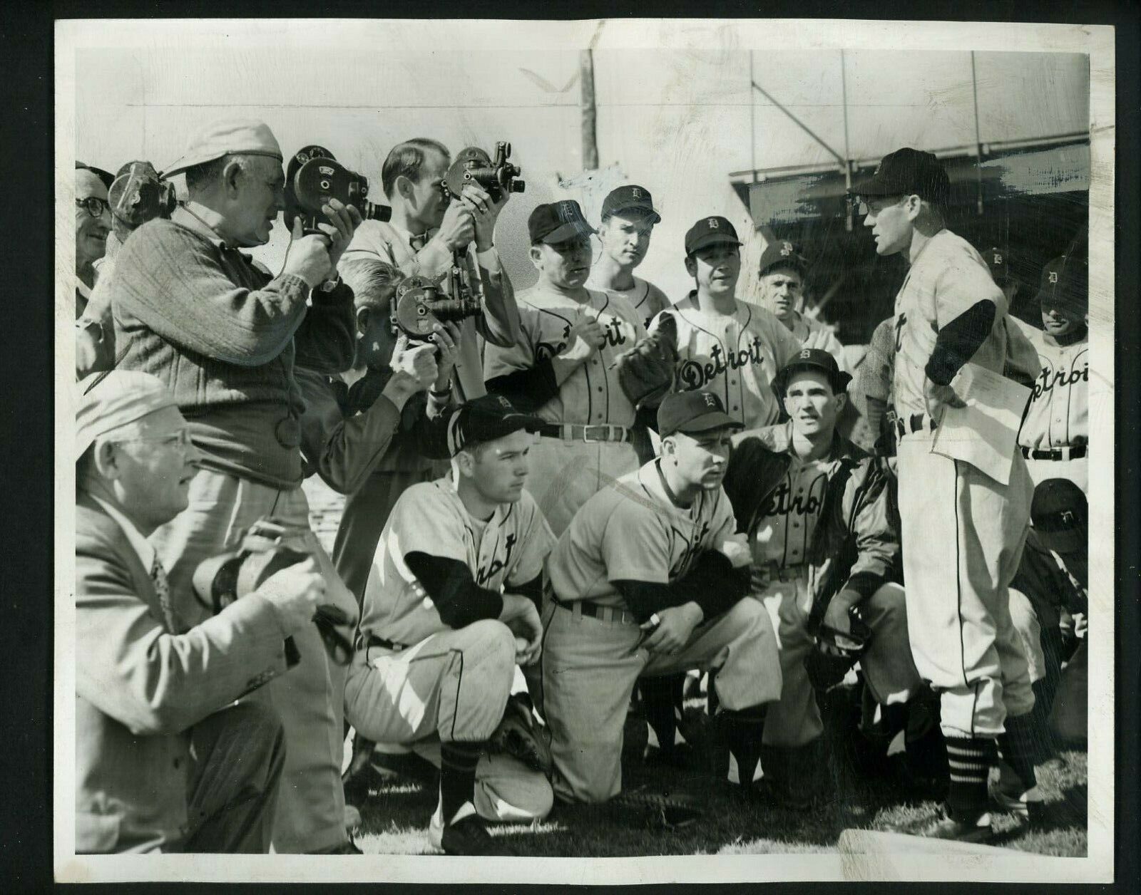 Red Rolfe in front of Newsreel Cameras Lakeland 1950 Press Photo Poster painting Detroit Tigers