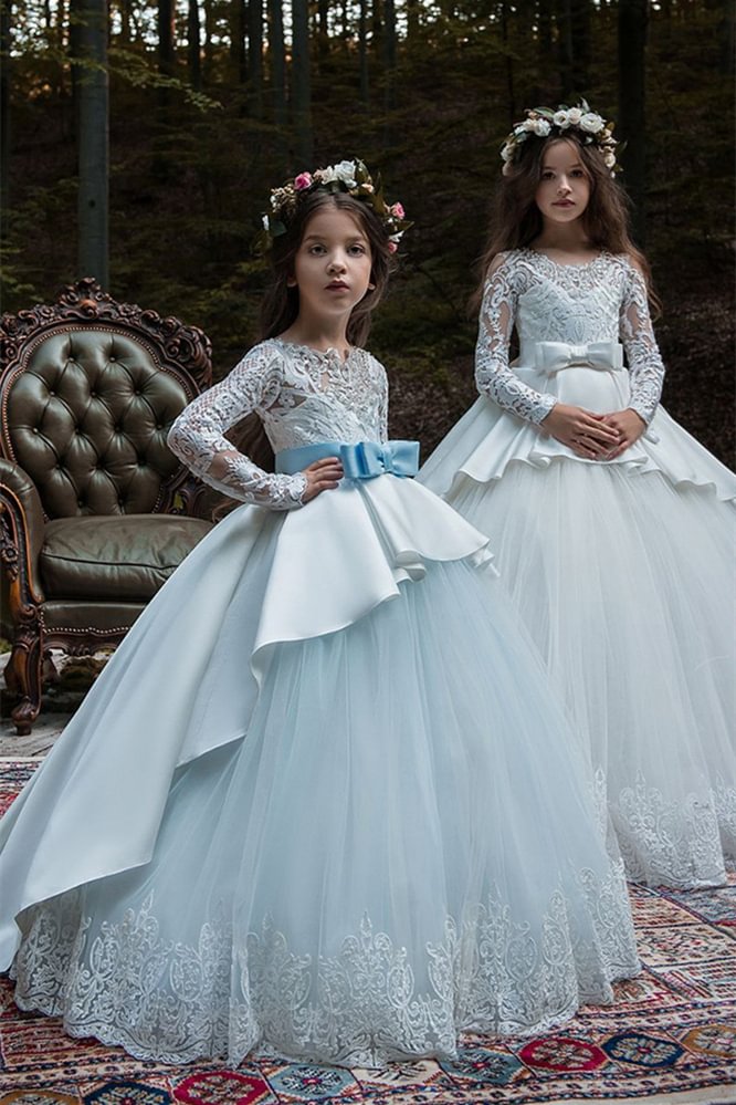 Luluslly Long Sleeves Lace Flower Girl Dress Bowknot Tulle Princess Ball Gown
