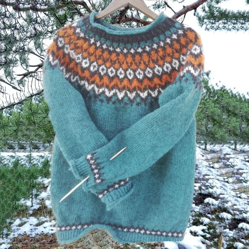 Unisex Vintage Icelandic Light Blue Knit Jacquard Warmth Crew Neck Sweater