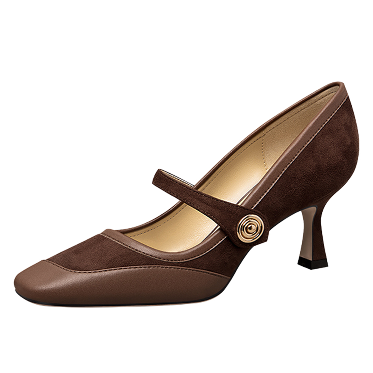 Brown Square Toe Patchwork Vintage Kitten Heel Mary Jane Pumps