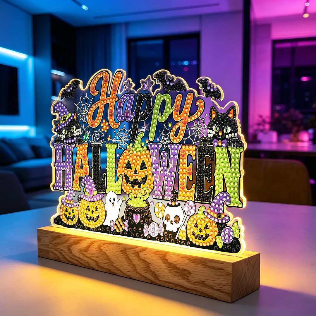 Halloween DIY Acrylic Diamond Painting Night Light for Adults Beginner Diamond Art Table Lamp with Wooden Base for Woman Man Desk Bedroom Tabletop Decor