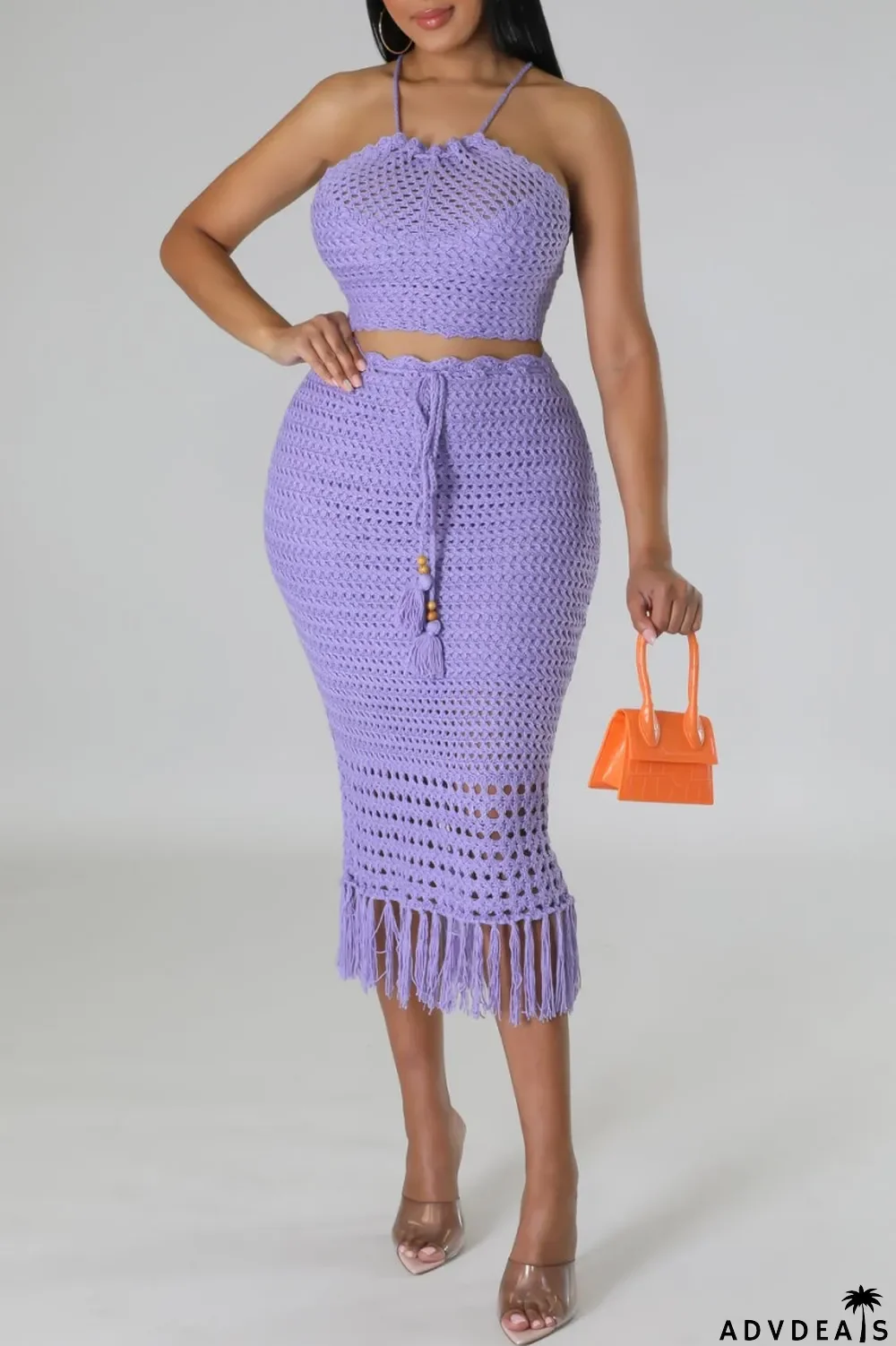 Purple Sexy Solid Tassel Bandage Backless O Neck Sleeveless Two Pieces