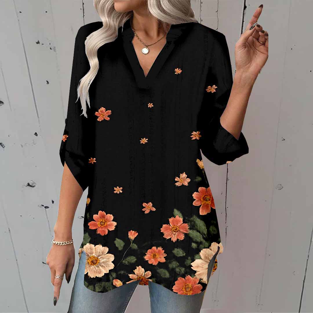 Women Floral, Black DZGA0057 3/4 Sleeve V-neck Printed Graphic Button Tops