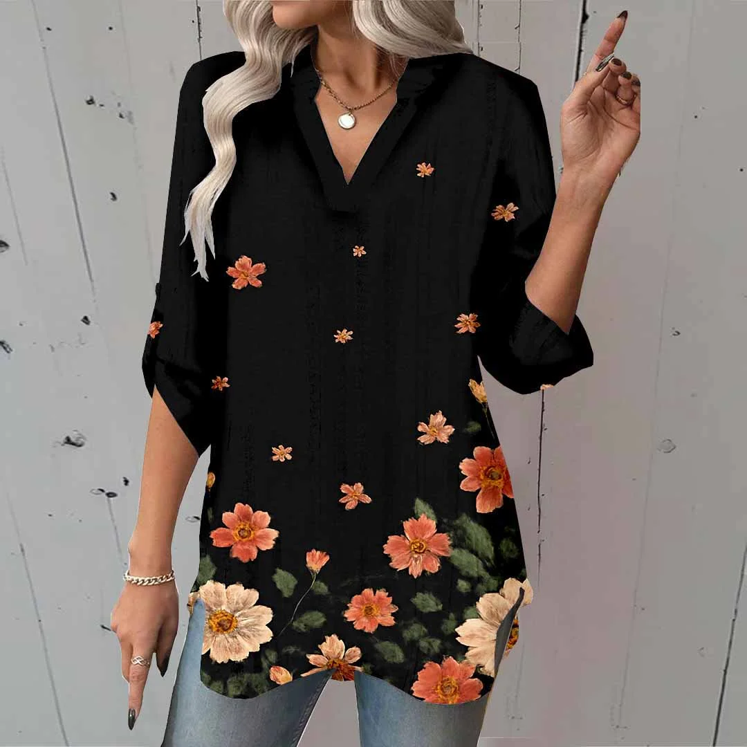 Women Floral, Black DZGA0057 3/4 Sleeve V-neck Printed Graphic Button Tops