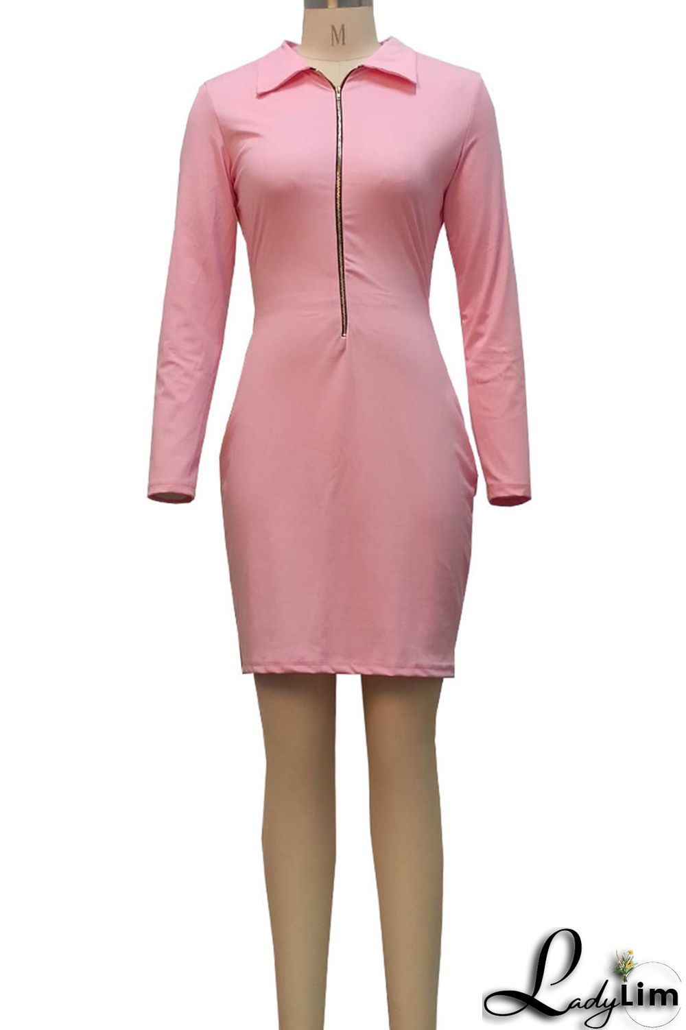 Pink Sexy Solid Split Joint Zipper Collar One Step Skirt Dresses