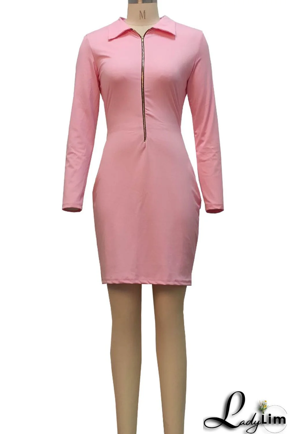 Pink Sexy Solid Split Joint Zipper Collar One Step Skirt Dresses