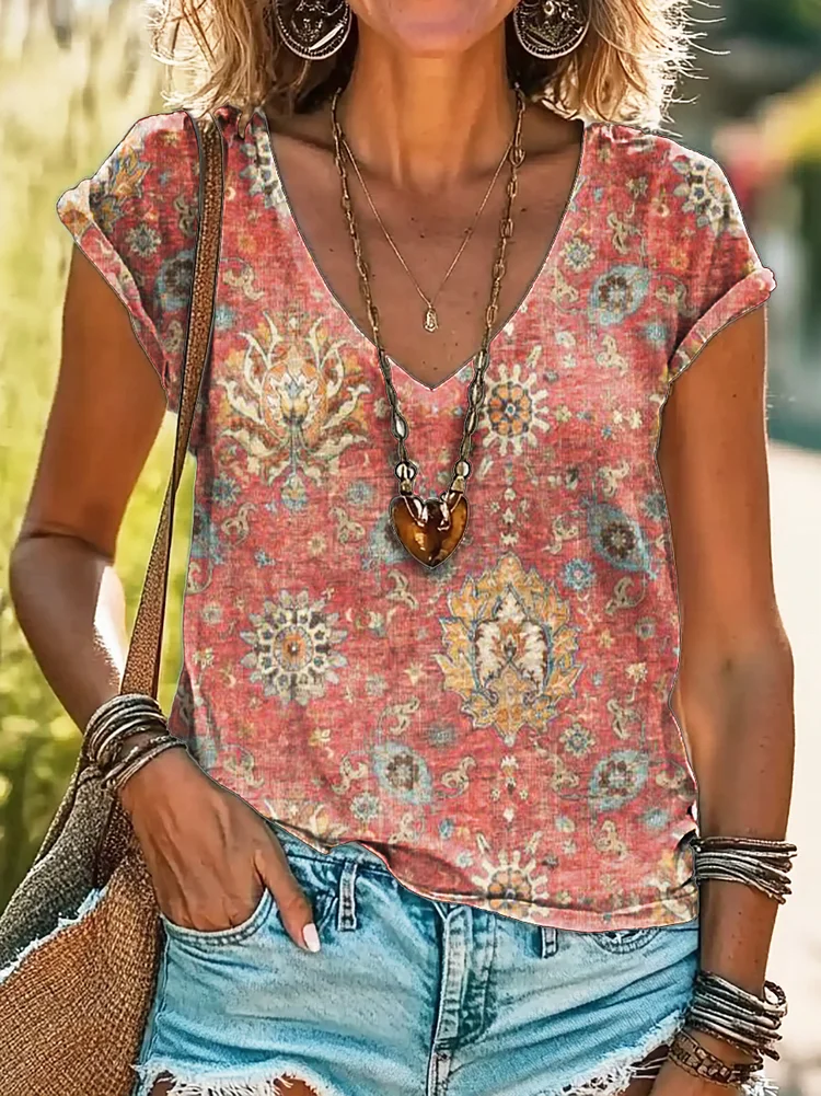 Women's Retro Ethnic Totem Pattern Art Print 100%Cotton V-neck T-Shirt