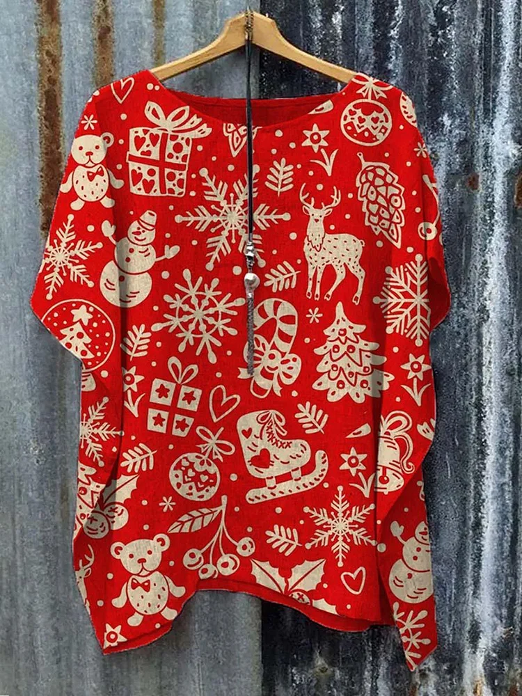 Christmas Snowman Elk Snowflake Gift Printed Short Sleeved T-Shirt