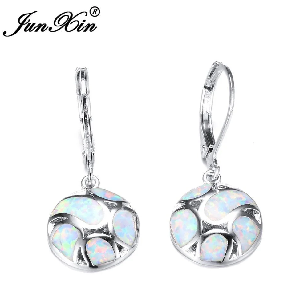 JUNXIN Bohemian Round Drop Earrings Blue White Fire Opal Earrings For Women Silver Color Jewelry Best Gift