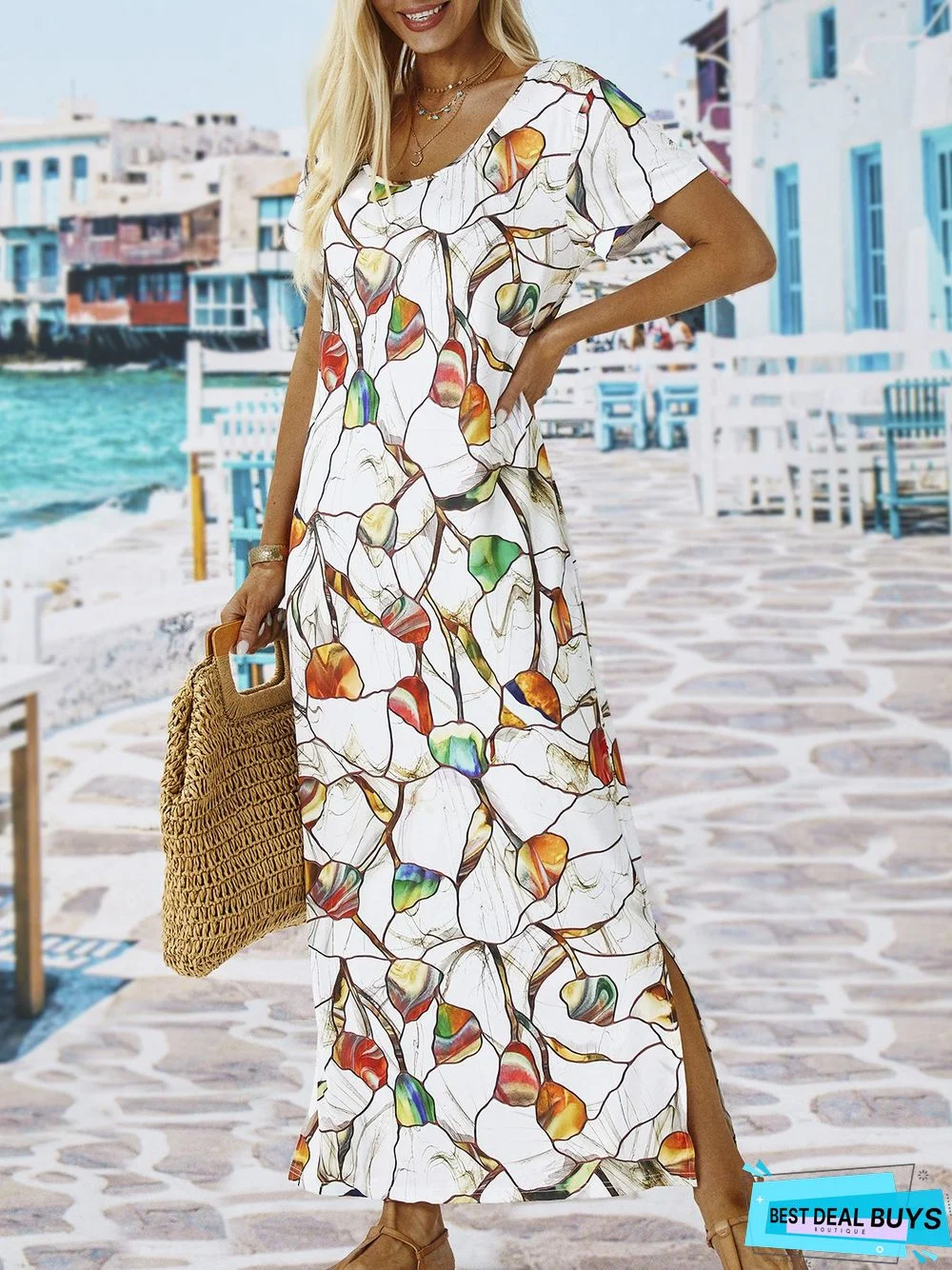 Vacation Floral Loosen U-Neck Maxi Short Sleeve Knit Dress