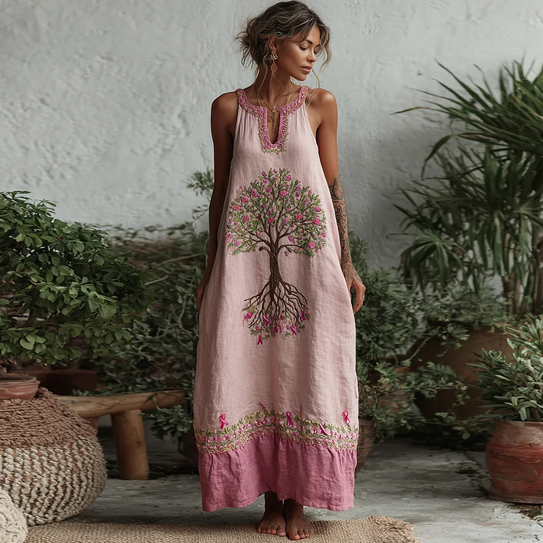 Women's Tree Of Life Pink Ribbon Embroidery Small V-neck  Tank Midi Dress
