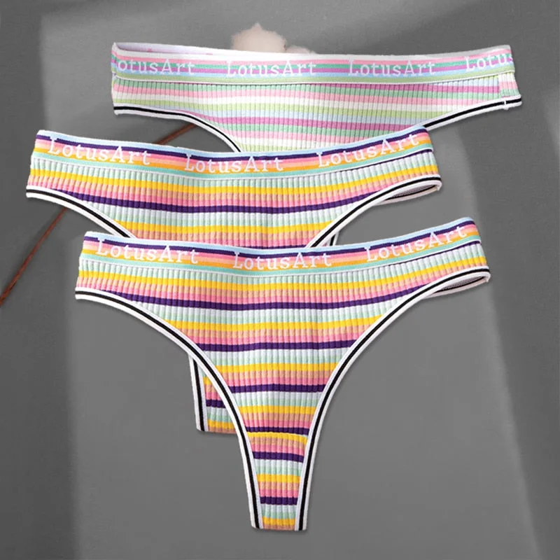 FINETOO 3Pcs/set Women Rainbow Thongs M-XL Cotton Panties Comfortable Striped T-Back Underwear Ladies Soft G-string Lingerie New
